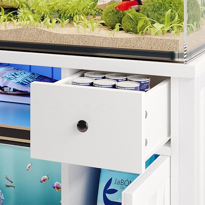 75 Gallon Fish Tank Stand with LED Light & Power Outlets, 55-75 Gallon Aquarium Stand with 2 Drawers & 2 Barn Doors, 52" L x 20" W Cabinet for 2 Fish Tank Accessories Storage, Turtle Tank, White
