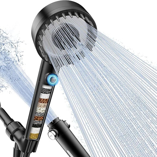 Filtered Shower Head with Handheld, High Pressure 4 Spray Mode Showerhead with Filters, Water Softener Beads for Hard Water with ON/OFF Switch for Pets - Remove Chlorine