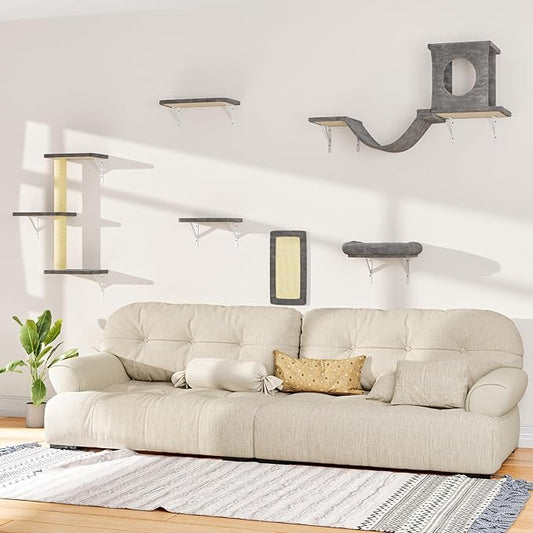 NUNU LAB Wall Mounted Cat Furniture, 6 Pcs Cat Wall Shelves with Condo House, Bridge, Steps, Scratcher, Hammock, Indoor Safe & Stable Furniture for Kittens Play, Gray