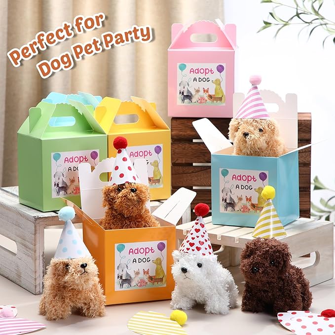 20 Pcs Mini Plush Dog Bulk 4 Inch Small Stuffed Puppy Set Include 20 Adopt a Pet Kraft Paper Boxes and 20 Cute Cone Hats Soft Dog Animals for Kids Birthday Adopt a Puppy Favor Gifts