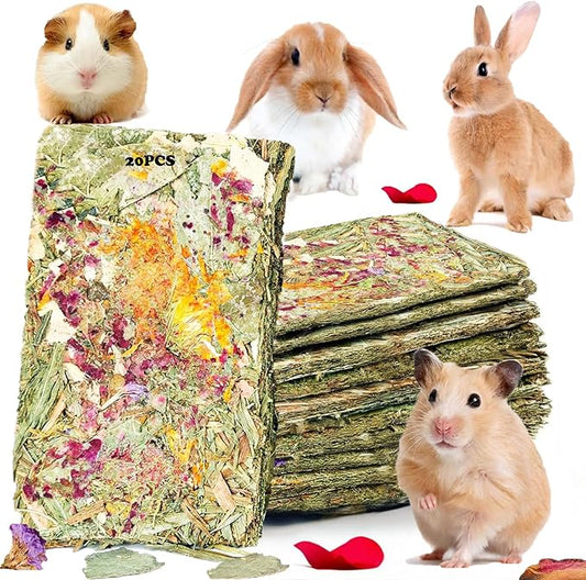 Rabbit Toys 20 Pack Bunny Toy Bunny Chew Toy Guinea Pig Treats Timothy Hay Toys Chips with Herbal Flowers Timothy Hay Grass Hamster Snacks Chinchillas Gerbils for Small Animals Teeth