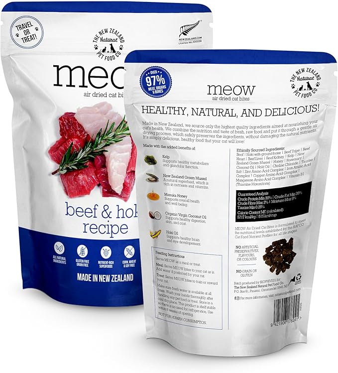 Meow Air Dried Cat Food - Beef & Hoki Recipe,High Protein Dry Cat Food, Training Treats, Meals & Toppers,3.5oz