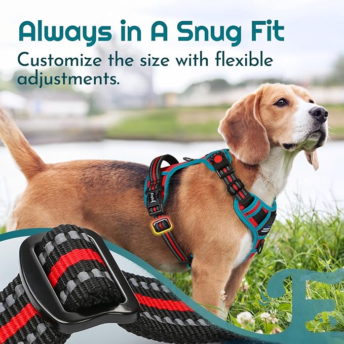 Eagloo Dog Harness for Large Dogs, Easy Wearing with 3 Buckles, Adjustable No Pull Pet Harness with 2 Rings for Walking, No Chock Reflective Soft Padded Vest with Control Handle, Red & Teal, L