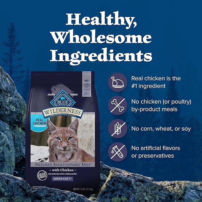 Blue Buffalo Wilderness Natural Mature Dry Cat Food for Cats 7+ Years, High-Protein and Grain-Free Diet, Supports Immune System Health and Energy to Stay Active, Chicken, 5-lb. Bag
