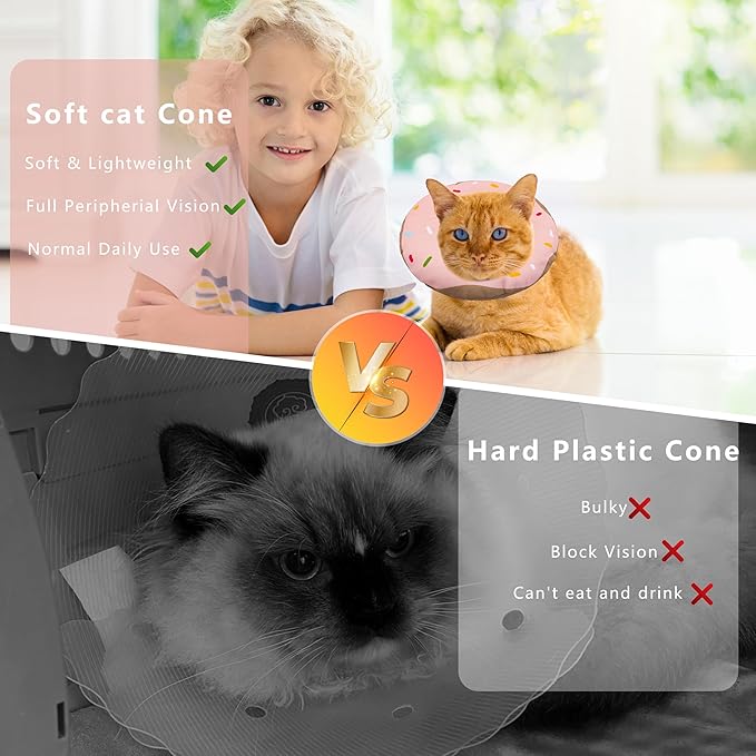 Cat Cone Collar Soft, Adjustable Cat Recovery Collar Kitten Cones to Stop Licking, Cute Donut E Collar After Surgery, Cats Neck Pillow Cone Elizabethan Cones of Shame (Waterproof Pink, Large)