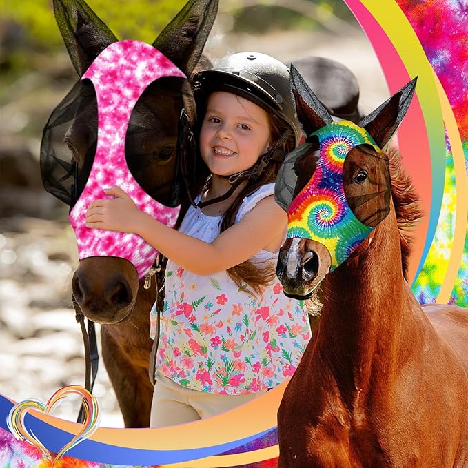 Qualirey12 Pieces Horse Fly Mask Bulk Comfortable Elasticity Mask for Horses with Ears Net UV Protection Breathable Face Covering for Pony and Foal(Large, Tie Dye Patterns)