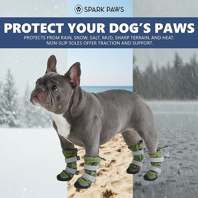 Spark Paws Dog Shoes, Waterproof Dog Boots for Medium to Large Dogs, Non Slip, Breathable Dog Booties and Paw Protectors - 4PCS Doggie Hiking Boots with Reflective Straps - Green - Size 4