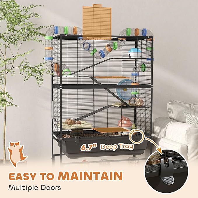 PawHut Hamster Cage with Deep Tray, 5 Tier Rolling Rat Cage with Storage Shelf, Big Exercise Wheel, Tube System, Hut, Platforms, Ramps, Food Dish, Water Bottle, for Syrian, Gerbil, Mouse