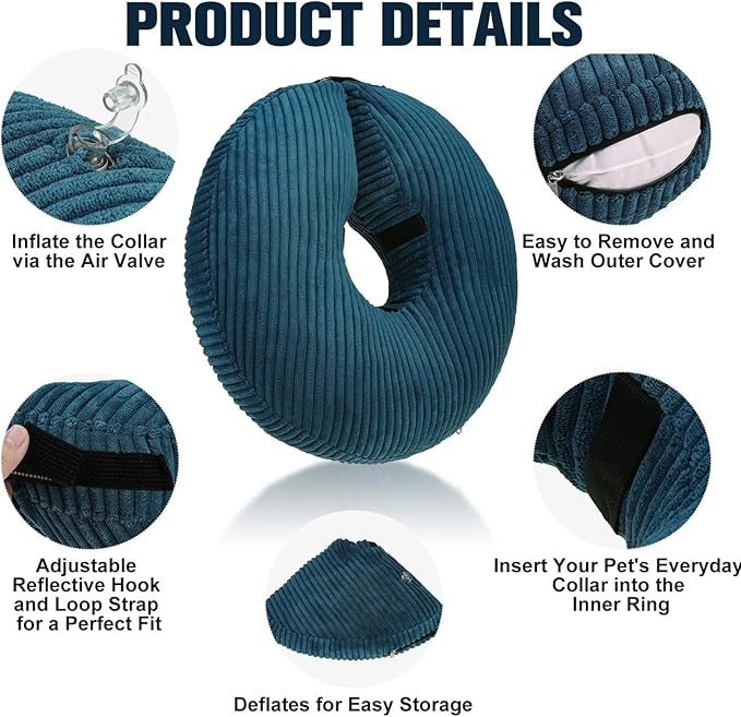 BINGPET Inflatable Dog Cone Collar Alternative After Surgery,Soft Recovery Cone for Dogs to Stop Licking,Protective Neck Donut E Collar Adjustable for Small Medium Large Dogs & Cats(Navy Blue,L)