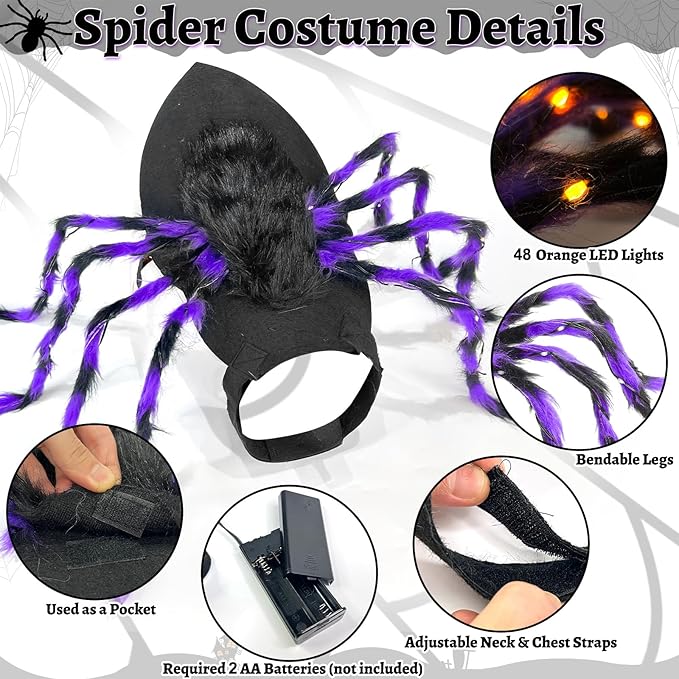 Light-Up Halloween Spider Dog Costume with Orange LED Lights, Purple & Black Furry Spider Costumes for Pets, Funny Halloween Costume Outfit for Cosplay Party (XL)