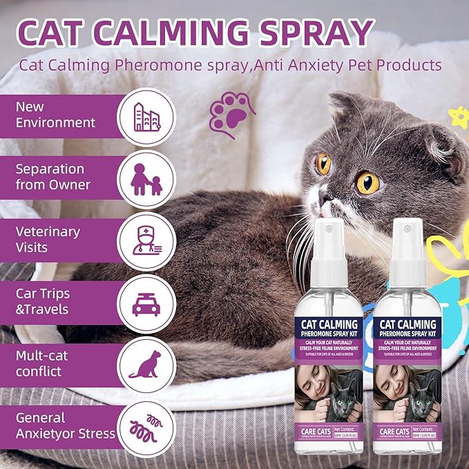 Cat Calming Pheromone Spray Kit Feline Calm Pheromones Vet Recommended Drug-Free Anxiety Relief for Multi-Cat Homes,Stops Scratching & Urine Marking,60-Day Supply | Drug-Free (2 * 60 mL)