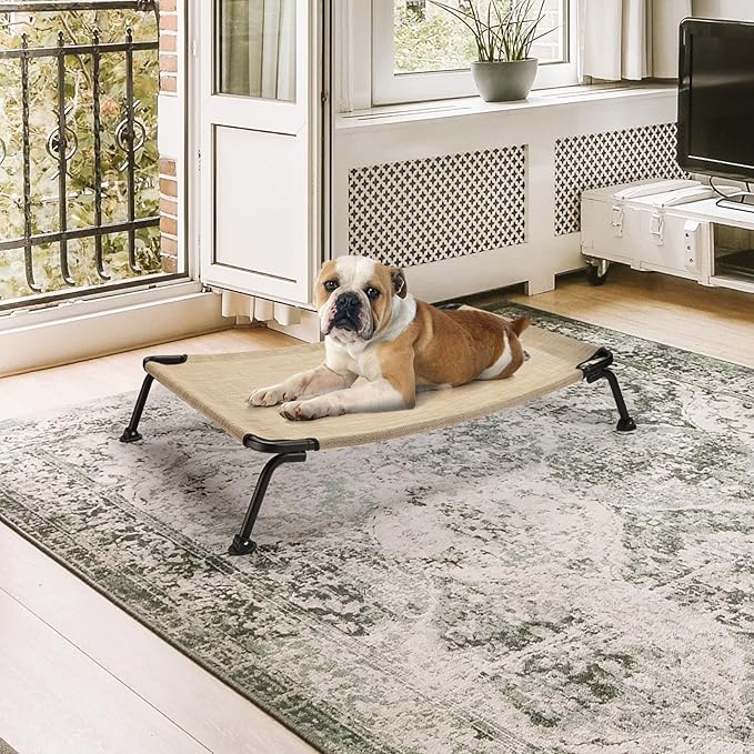 Veehoo Outdoor Elevated Dog Bed, Cooling Raised Dog Cots Beds for Medium Dogs, Portable Waterproof Curved Dogs Hammock Bed for Outside, up to 100lbs, Black Legs, Beige 32"