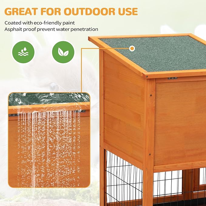 Indoor Rabbit Hutch Outdoor Bunny Hutch with Wheels, 2 Pull-Out Trays, Waterproof Openable Roof, 39" L Large 2-Level Wooden Rabbit Cage Small Animal Enclosure, Orange