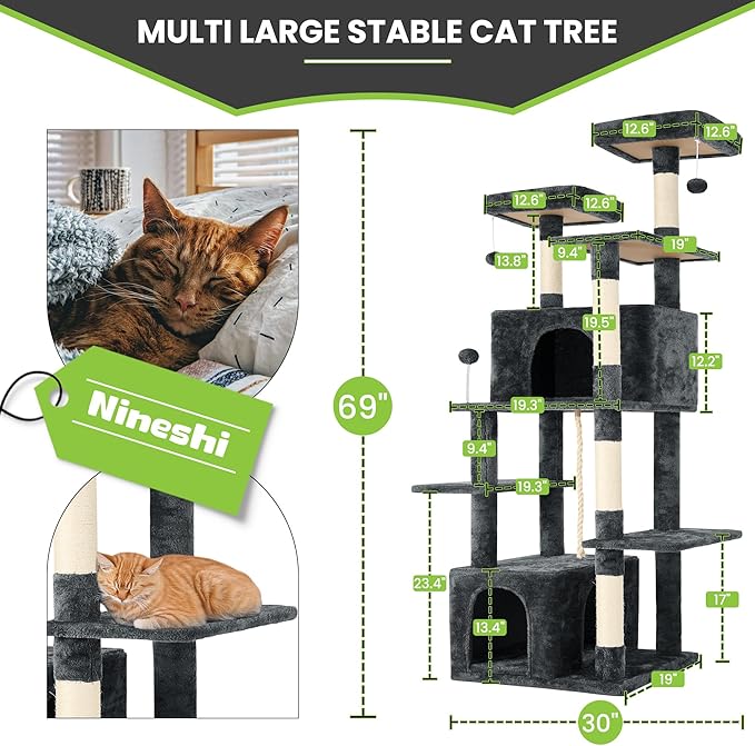 69in Large Cat Tree Tower for Indoor Cats with Soft Plush Hang Ball, Two Condos, Sisal Scratch Posts & Rope Play for Kittens/Adult Cats, Deep Grey