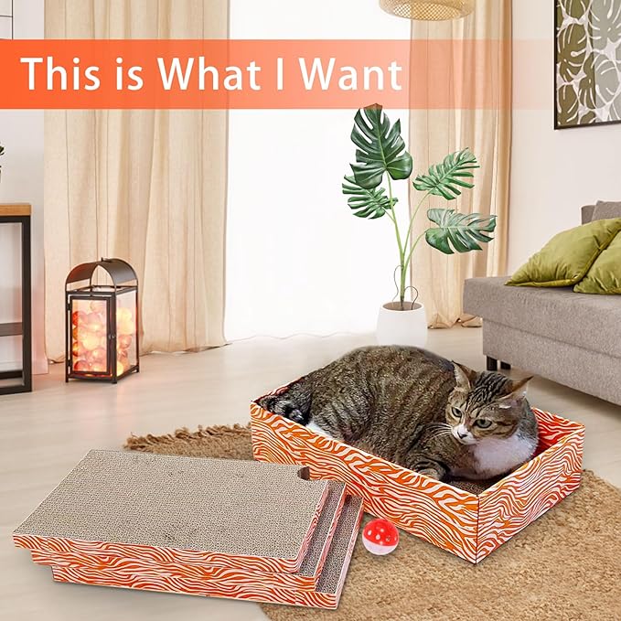 Cat Scrather Box with 4 pcs Large Scratching Cardboard and Toy Ball, Catnip, 4 in 1 Large Refillable & Reversible Cat Scratcher Pad, Cardboard Cat Bed for Big Medium Small Lazy Kitty