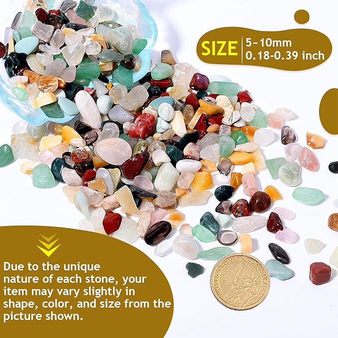 Mixed Crushed Crystal Chips Bulk 1lb 1200+Pcs Assorted Tumbled Stone Chips Natural Polished Mixed Chakra Aquarium Gravel Rocks for Plants Terrarium Supplies Fish Tank Gravel Pebbles Vase Filler