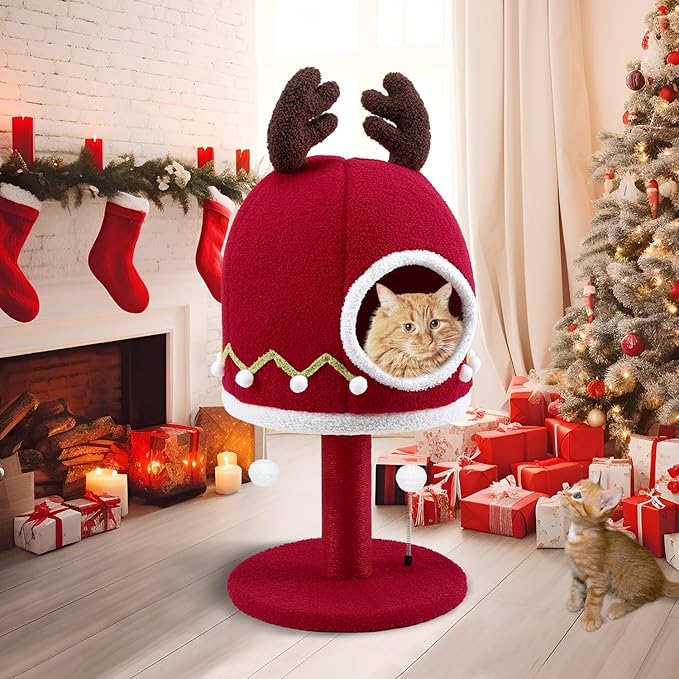 Luxury Treehouse Cat Tree for Indoor Large Cats,54.7'' Tall Modern Wood Cat Tower with 3 Level House,4*Cozy Perch,1*Soft Viewing Bed,Heavy Duty Wide Base,Sisal Scratching Post (33inch)