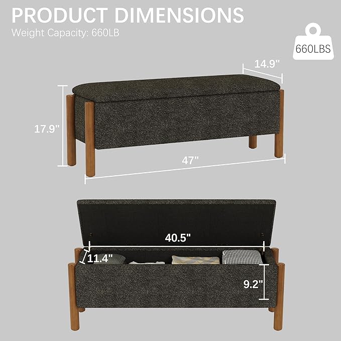 Modern Storage Benches with Walnut Wood Legs, 47'' Ottoman Bench with 20 Gallons Storage Space for Bedroom End of Bed, Fabric Upholstered Entryway Bench with Seating for Livingroom, Gray