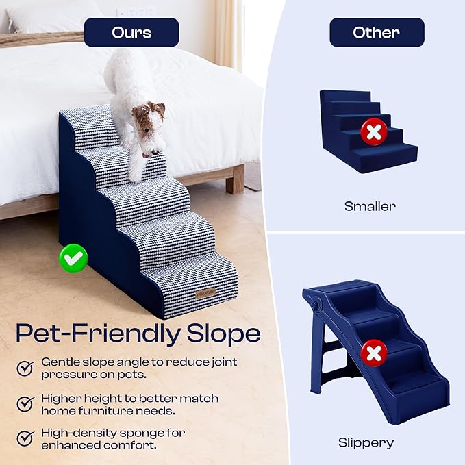 Curved Dog Stairs for High Bed Up to 26", 5-Step Dog Ramp for Small Dogs with Washable Cover, Non-Slip Steps for Cats to Get on Couch and Sofa, Durable Foam Ladder for Medium Breeds, White Navy