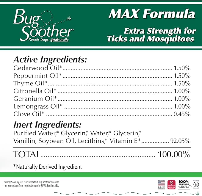 Bug Soother Max - Extra Strength Natural Gnat, Tick, and Mosquito Repellent, 4 fl oz Bug Spray Deterrent - DEET-Free - Safe for Adults & The Environment - Made in USA