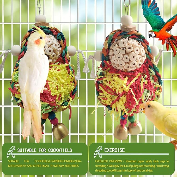 Parakeet Toys,Natural Sola Balls and Shredding Hanging Chewing Toy,2 PCS Small and Medium-Sized Parrot Toys, Bird Toys for Parrots,Cockatiels,Conures,Lovebird,Christmas Birds Toy