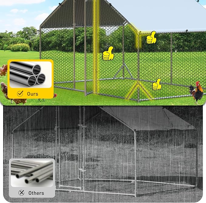 Large Metal Chicken Coop with Run Walk-in Poultry Cage Chicken Runs House Pen Cage Spire Roofed Chicken Coops with Anti-Ultraviolet Cover for Outdoor Yard Farm Use 9.8’L x 19.7’W x 6.4’H