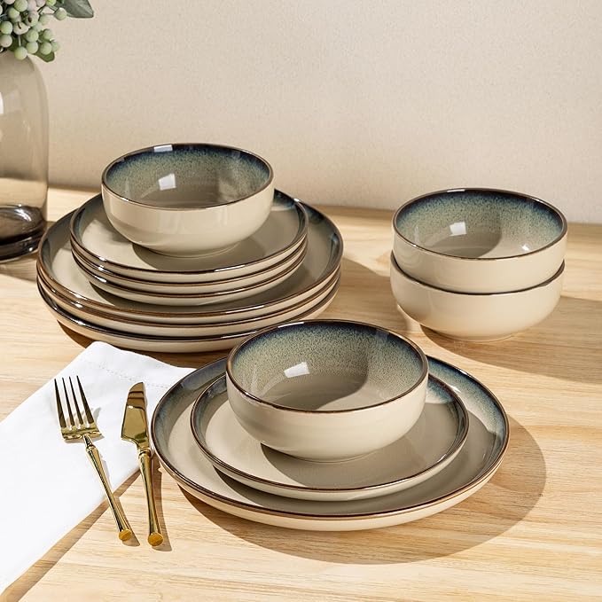 GBHOME Ceramic Dinnerware Sets for 4, 12 Pieces Stoneware Plates and Bowls Sets, Scratch Resistant Dishes, Dishwasher & Microwave Safe, Reactive Glaze-Gravel