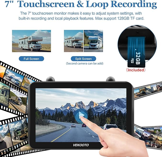 VEKOOTO Magnetic Solar Wireless Backup Camera VK7, 7'' IPS Touchscreen Monitor HD1080P No Wiring 15,000mAh Rechargeable Camera System for Hitching Gooseneck Horse Trailer RV Camper Car Truck