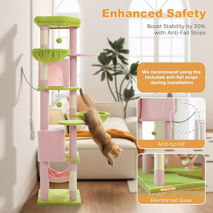 71.2" Large Cat Tree for Multi-Cat Households - Heavy-Duty 9-Level Cat Tower w/5 Sisal Scratching Posts, 2 Condos, 3 Hammocks, Extra-Large Perch & Pompoms - Space-Saving, Pink