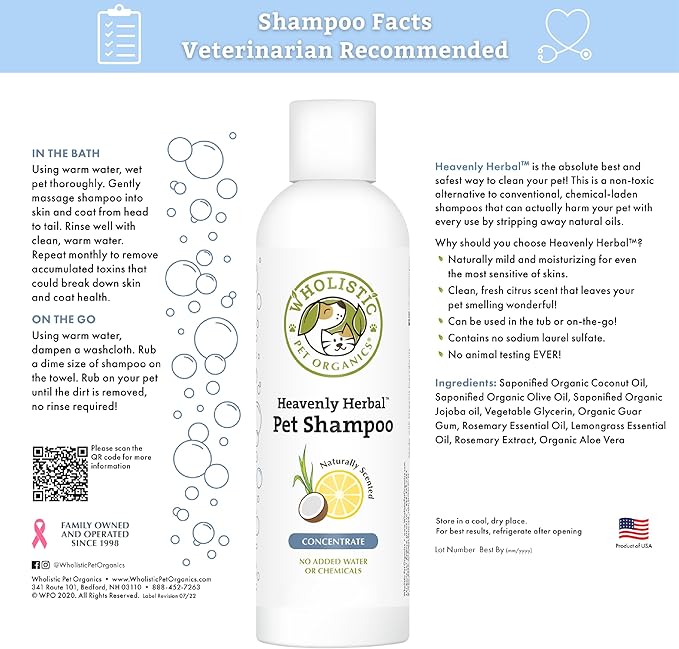 Wholistic Pet Organics Pet Shampoo Concentrate: Heavenly Herbal Organic Dog Shampoo and Conditioner - All Natural Puppy and Cat Shampoo for Dry, Itchy Skin, Allergies, Dandruff Shampoo