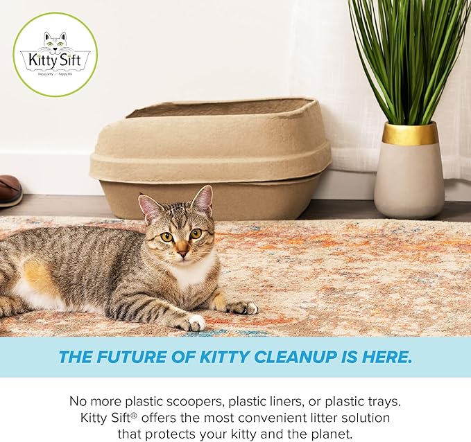 Kitty Sift (Set of 1 Litter Box, 3 Sifting Liners, & 1 Shield) Sustainable, Clean, Sifting, Disposable Cat Litter Box with Shield - Large, 5-Set Kit