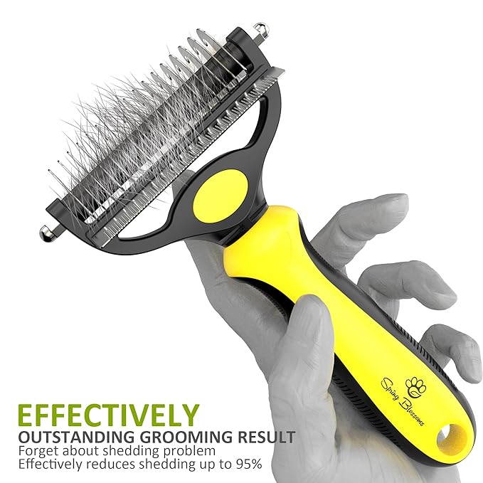 Spring Blossoms-2 in 1 Professional Grooming Rake for Cats & Dogs-Dematting Comb for Easy Mats & Tangles Removing,Pet Brush Safe No More Nasty Shedding and Flying Hair (Lemon Yellow)