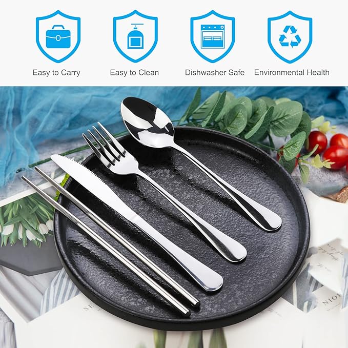 10PCS Portable Silverware Set with Case, Lengnoyp Travel Camping Utensils Set, Premium Stainless Steel Travel Cutlery Set, Reusable Safe Flatware Sets for Lunch Box/Workplace/Students, Silver