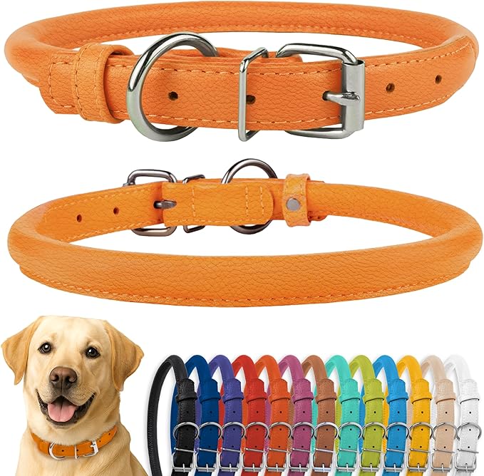 CollarDirect Rolled Leather Dog Collar, Soft Padded Round Puppy Collar, Handmade Genuine Leather Collar Dog Small Large Cat Collars 13 Colors (15-19 Inch, Orange Textured)