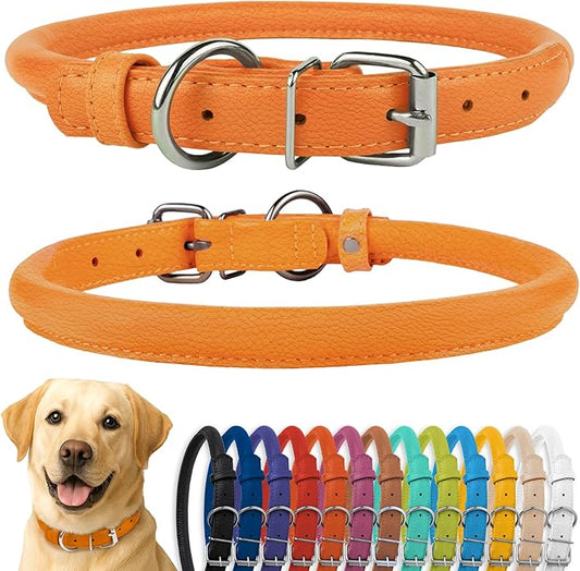 CollarDirect Rolled Leather Dog Collar, Soft Padded Round Puppy Collar, Handmade Genuine Leather Collar Dog Small Large Cat Collars 13 Colors (18-22 Inch, Orange Textured)