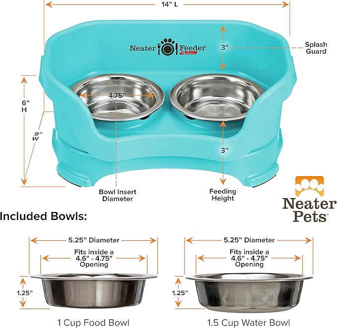 Neater Feeder Deluxe Mess Proof Cat Bowls Elevated for All Breeds – Made in USA – No Spill Raised Bowls for Indoor Cats – Stainless Steel Food and Water Bowl Set, Pet Dish Feeding Station, Aquamarine