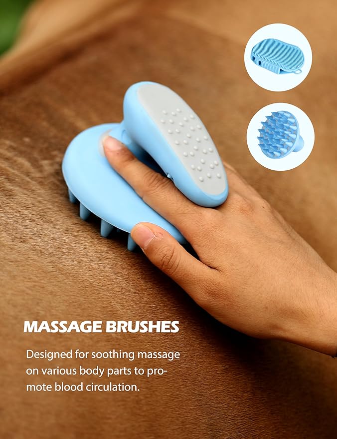 Harrison Howard Horse Grooming Kit 11-Piece Equine Care Series Horse Brush Sets with Organizer Tote Bag Tack Room Supplies Shedding Grooming Massaging Tools Blue Brushstroke Ponies