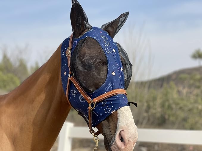 Horse Fly Mask Super Comfort Horse Fly Mask Elasticity Fly Mask with Ears We Only Make Products That Horses Like… (Midnight Blue, L)