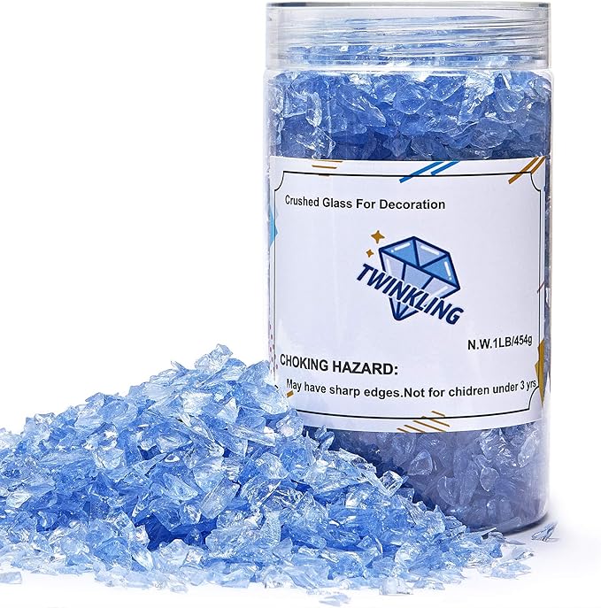 TWINKLING High Luster Fire Glass Gravel Stone Glitter,Broken Glass,Fire Gems Chips,Crushed Glass for Fire Pit Crafts Resin Art Aquarium Garden Decoration,3-6mm,1-Pound Jar (Light Blue)