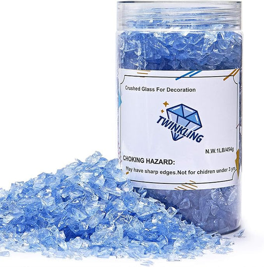 TWINKLING High Luster Fire Glass Gravel Stone Glitter,Broken Glass,Fire Gems Chips,Crushed Glass for Fire Pit Crafts Resin Art Aquarium Garden Decoration,3-6mm,1-Pound Jar (Light Blue)