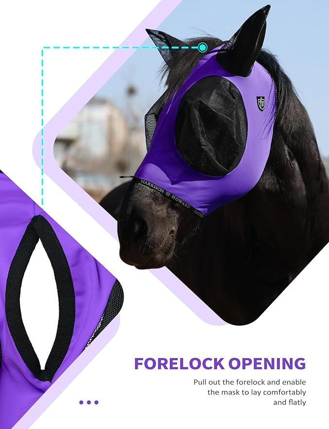 Harrison Howard Horse Fly Mask with Forelock Opening Stretch Breathable and Comfortable for Horses UV -Protection Purple M