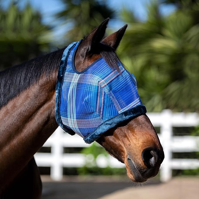 Kensington Fly Mask with Fleece Trim for Horses — Protects Face and Eyes from Flies and Sun Rays While Allowing Full Visibility — Breathable and Non Heat Transferring, Medium, Kentucky Blue