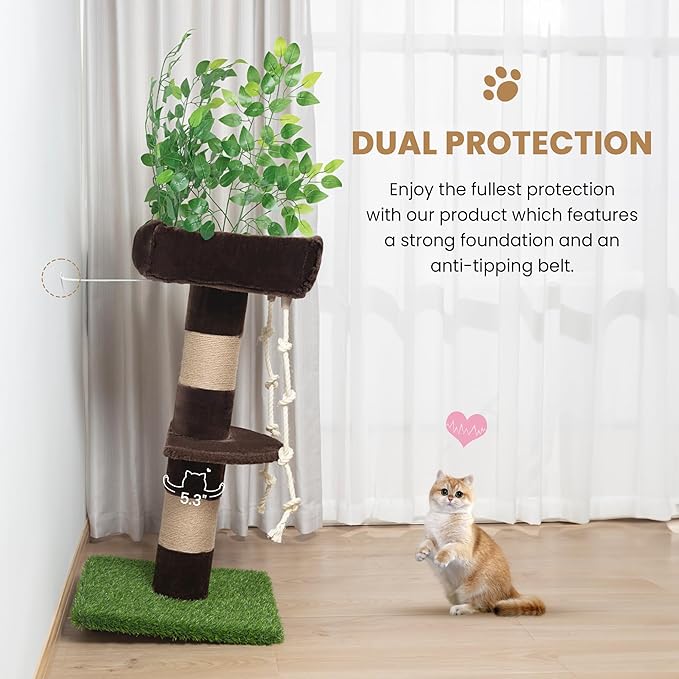 SHA CERLIN 55 Inches Cat Tree Tower with Leaves/Cozy Perches with Scratching Post for Indoor Kittens and Adults Cats/Sisal Rope and Simulated Lawn with Wide Base/Brown & Green