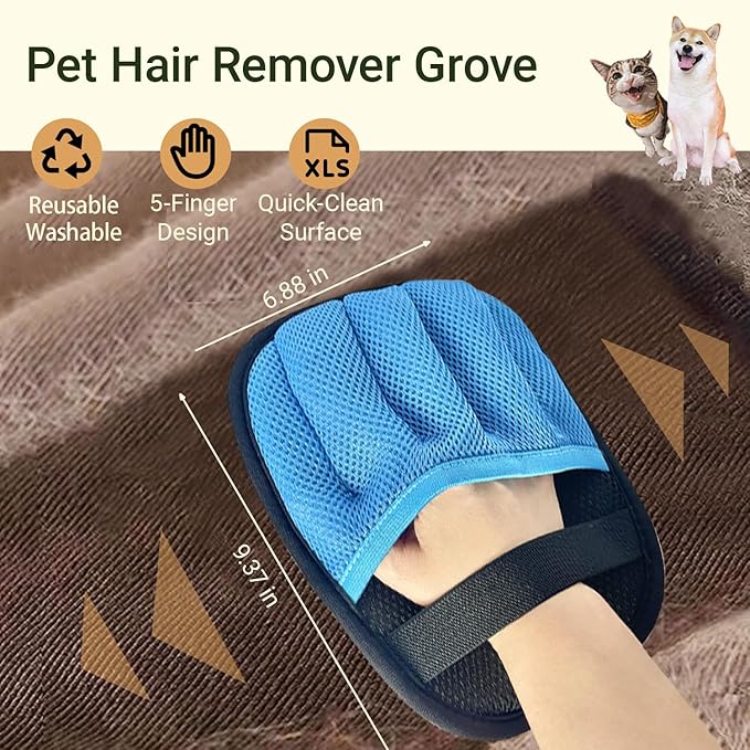 Pet Hair Remover Glove for Furniture, Reusable, 5-Finger, Blue, Dog and Cat Fur Removal Tool for Couch, Lint Clean Glove for Carpet, Bedding, Clothes, Curtain, Pet Bed, Car Seats
