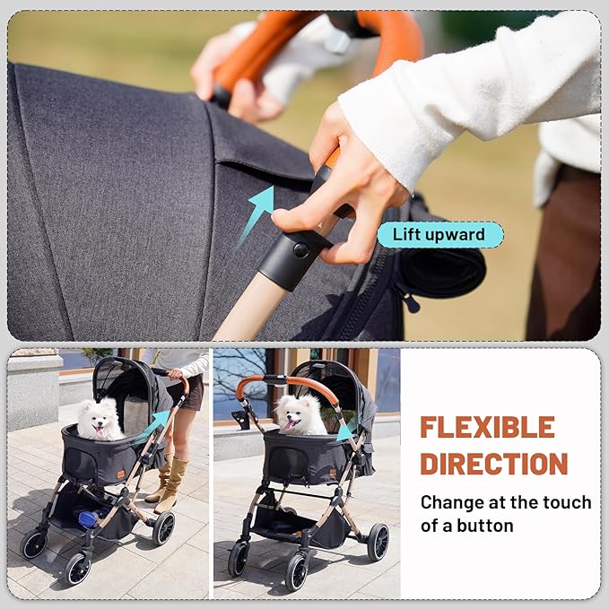 EchoSmile Small Medium Dogs Stroller 4-Wheel Pet Strollers for Medium Dogs Up to 50lbs, One Click Folding Large Cat Stroller, Reversible Handle, Shock Absorbing Wheels, Removable Washable Pad