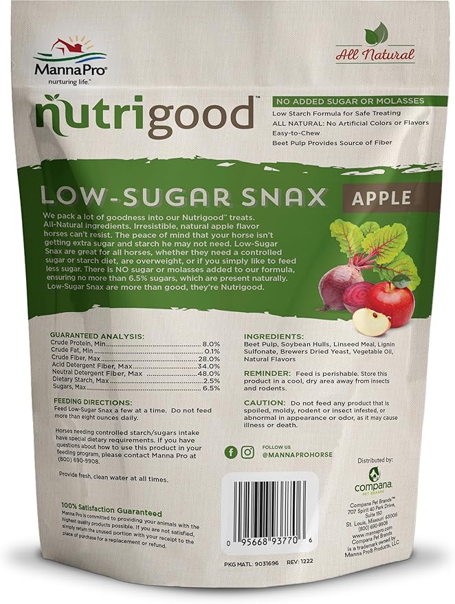 Manna Pro Nutrigood Low-Sugar Horse Treats – Apple Flavor, Healthy Natural Reward for Horses and Ponies, No Added Sugar, Made in USA, Low-Starch Equine Snacks, Supports Diets, 4 lb Bag