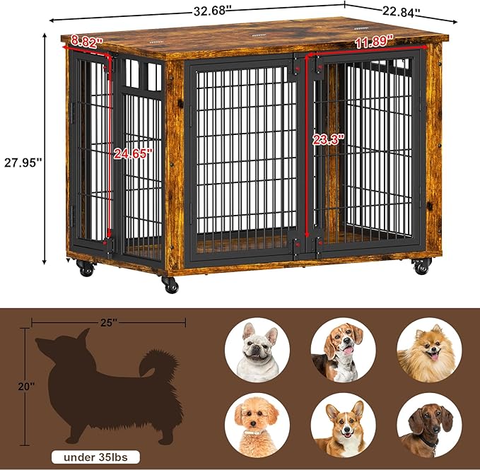 EasyCom 90% Pre-Assembled 33" Small and Meidum Dog Kennel Indoor Furniture, Wooden Dog Crate Furniture with Top-Access Teasing/Feeding Doors, for Medium and Small Breed, with Wheels Moveable