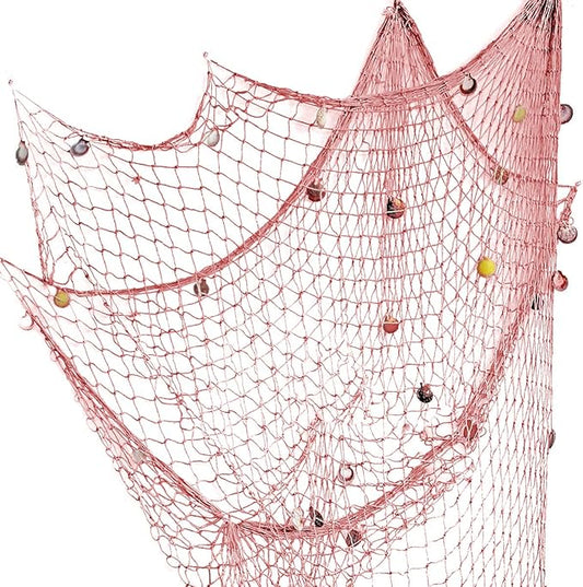 Nature Fish Net Wall Decoration with Shells, Ocean Themed Wall Hangings Fishing Net Party Decor for Pirate Party,Wedding,Photographing Decoration (Pink)