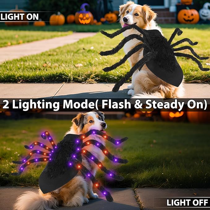 Camlinbo 24 LED Spider Dog Halloween Costume for Small Medium Large Dogs, Furry Giant Spider with Orange Purple Lights Puppy Pet Costume Outfits Clothes Funny Halloween Costume Party Cosplay