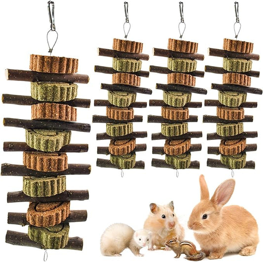 Rabbit Chew Toy,Bunny Chew Toys for Teeth Grinding,Natural Apple Branch Teething Sticks with Hay Grass Cake Improve Dental Health Bunny Hanging Chew Toys for Rabbits,Chinchillas,Hamster (4 Pcs)